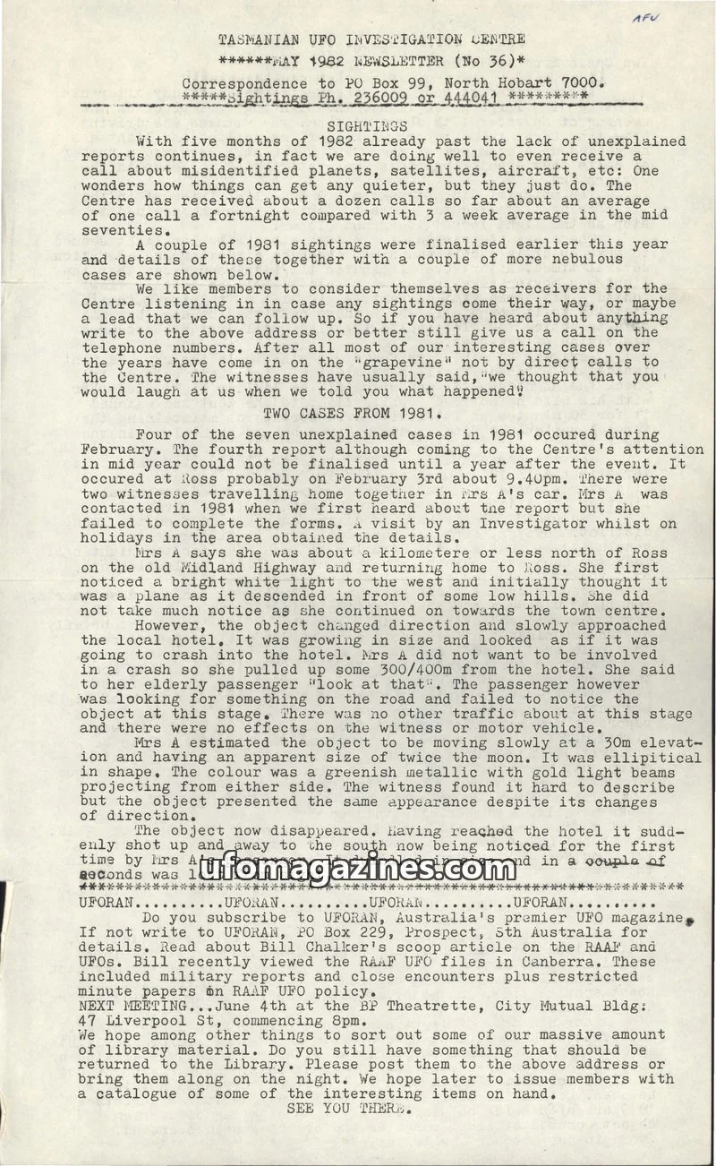 Cover of TUFOIC Newsletter issue 36: TASMANIAN UFO INVESTIGATION CENTRE NEWSLETTER