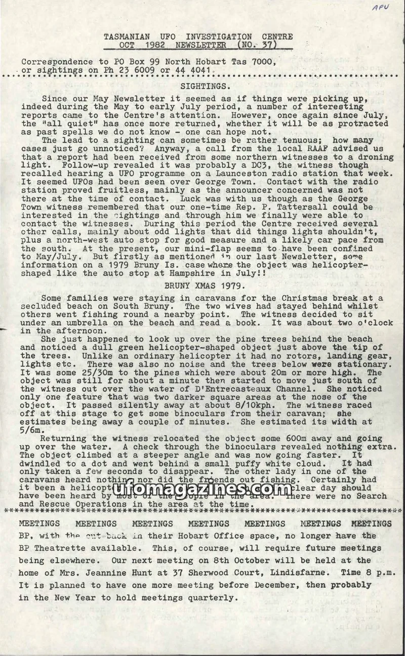 Cover of TUFOIC Newsletter issue 37: TASMANIAN UFO INVESTIGATION CENTRE OCT 1982 NEWSLETTER