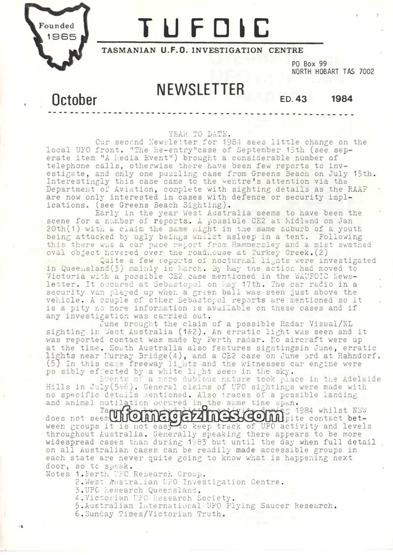Cover of TUFOIC Newsletter issue 43: TUFOIC TASMANIAN U.F.O. INVESTIGATION CENTRE NEWSLETTER