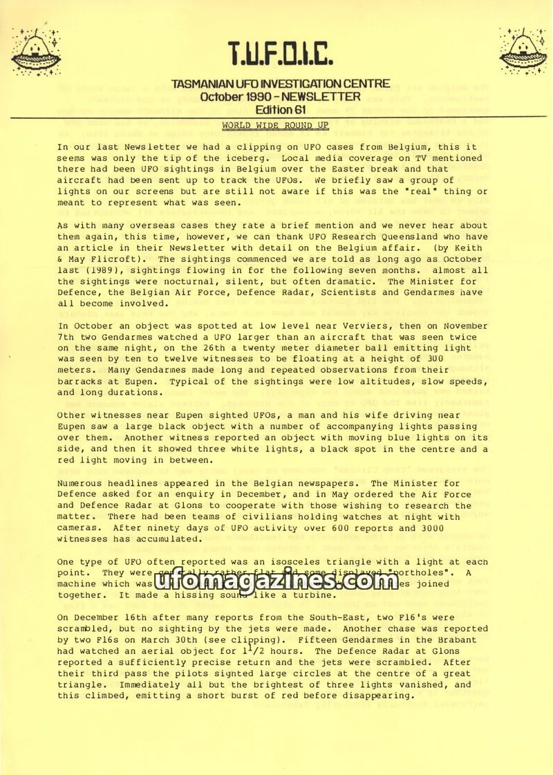 Cover of TUFOIC Newsletter issue Edition 61: T.U.F.O.I.C. TASMANIAN UFO INVESTIGATION CENTRE