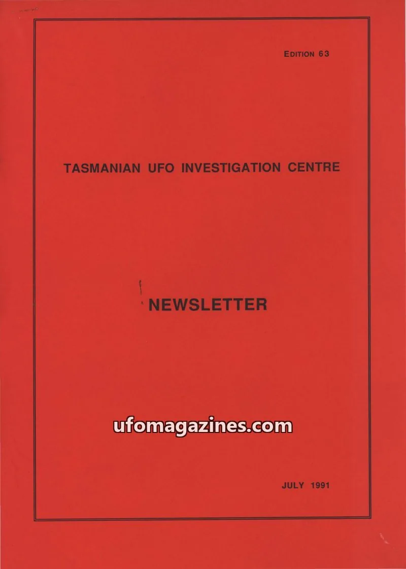 Cover of TUFOIC Newsletter issue 63: TASMANIAN UFO INVESTIGATION CENTRE NEWSLETTER