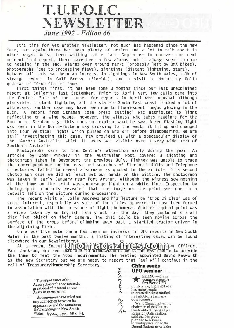 Cover of TUFOIC issue 66: T.U.F.O.I.C. NEWSLETTER