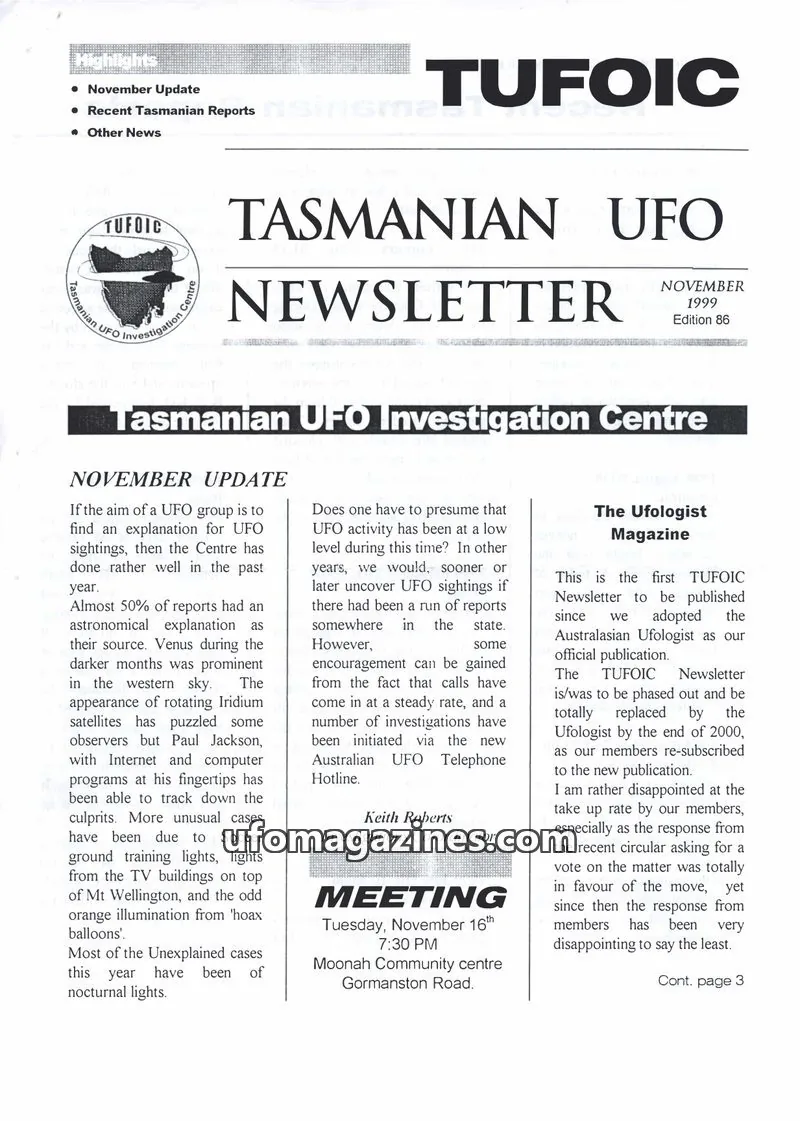 Cover of TUFOIC issue 86: TASMANIAN UFO NEWSLETTER