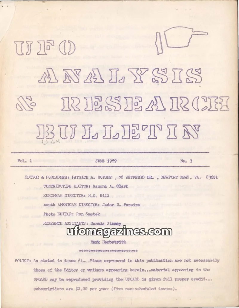 Cover of UFO Analysis & Research Bulletin (Patrick Huyghe) issue 3: UFO ANALYSIS RESEARCH BULLETIN