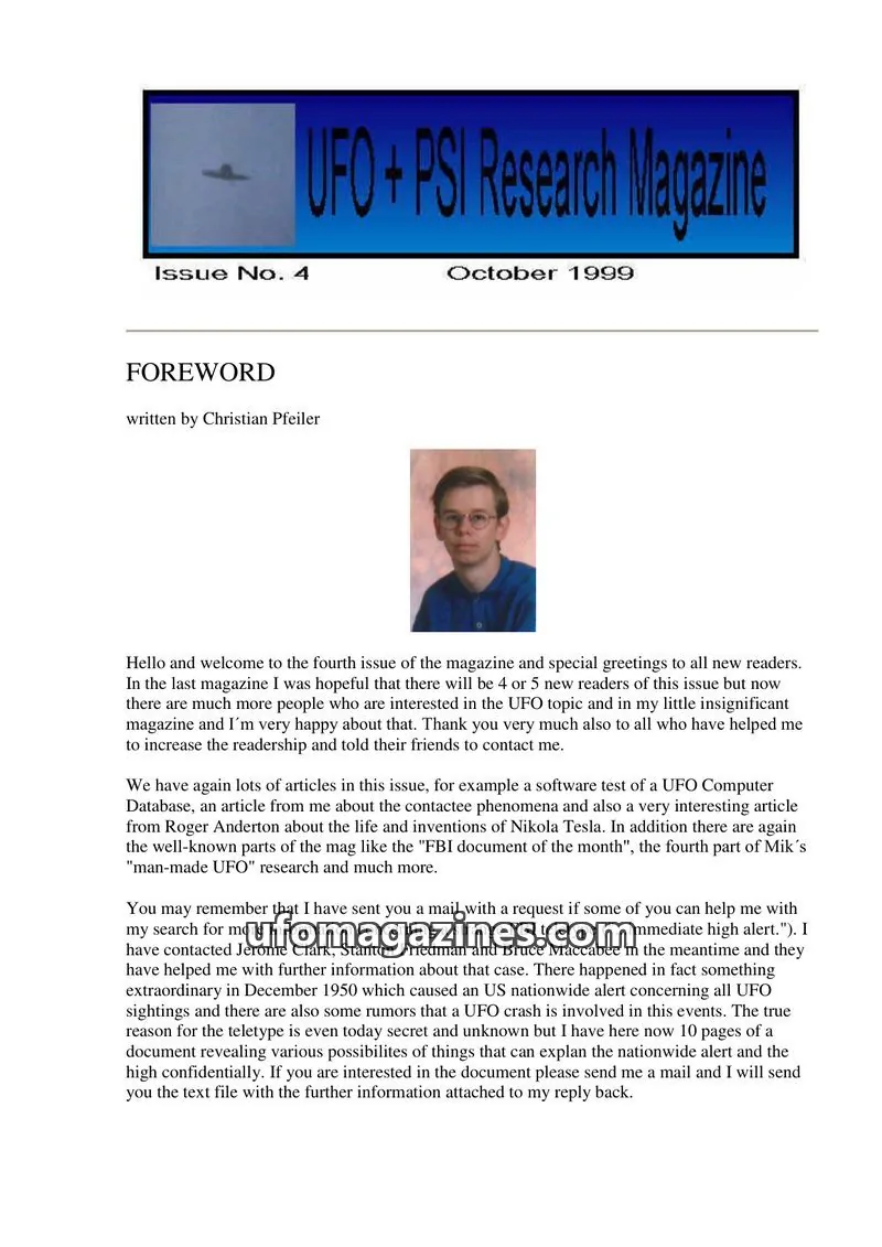 Cover of UFO and PSI Magazine (Christian Pfeiler) issue 4: UFO + PSI Research Magazine