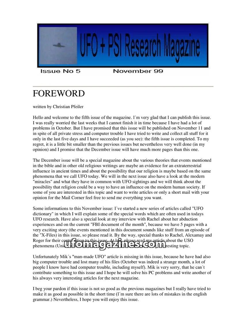 Cover of UFO and PSI Magazine (Christian Pfeiler) issue 5: UFO + PSI Research Magazine