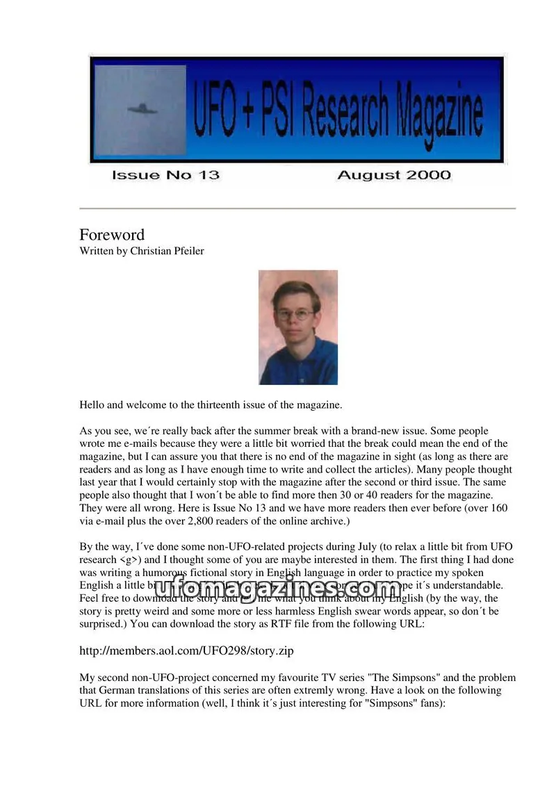 Cover of UFO and PSI Magazine (Christian Pfeiler) issue 13: UFO + PSI Research Magazine