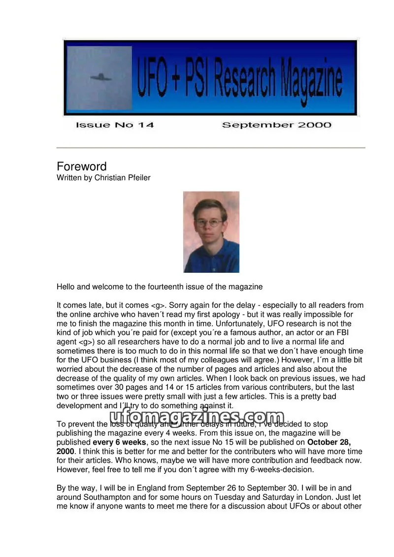 Cover of UFO and PSI Magazine (Christian Pfeiler) issue No 14: UFO + PSI Research Magazine