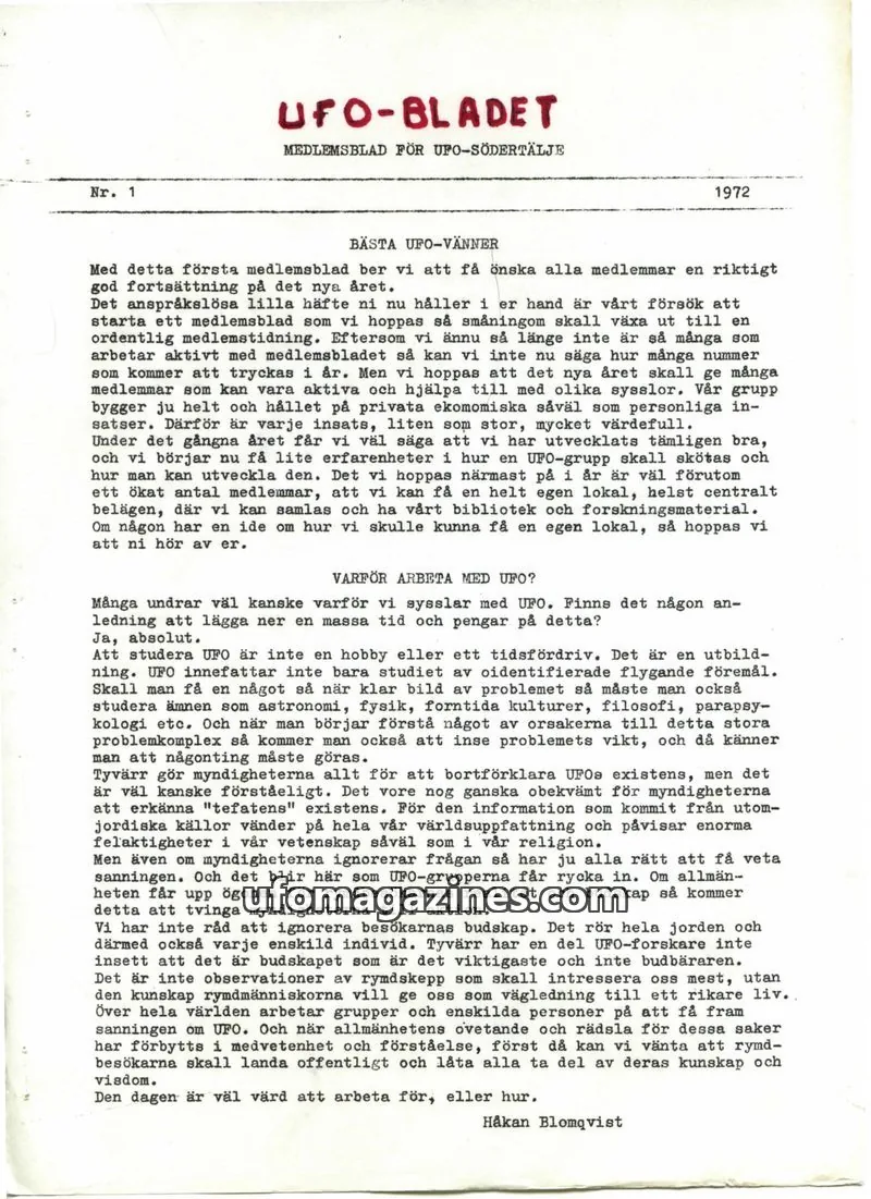 Cover of UFO-Bulletinen issue 1: UFO-BLADET
