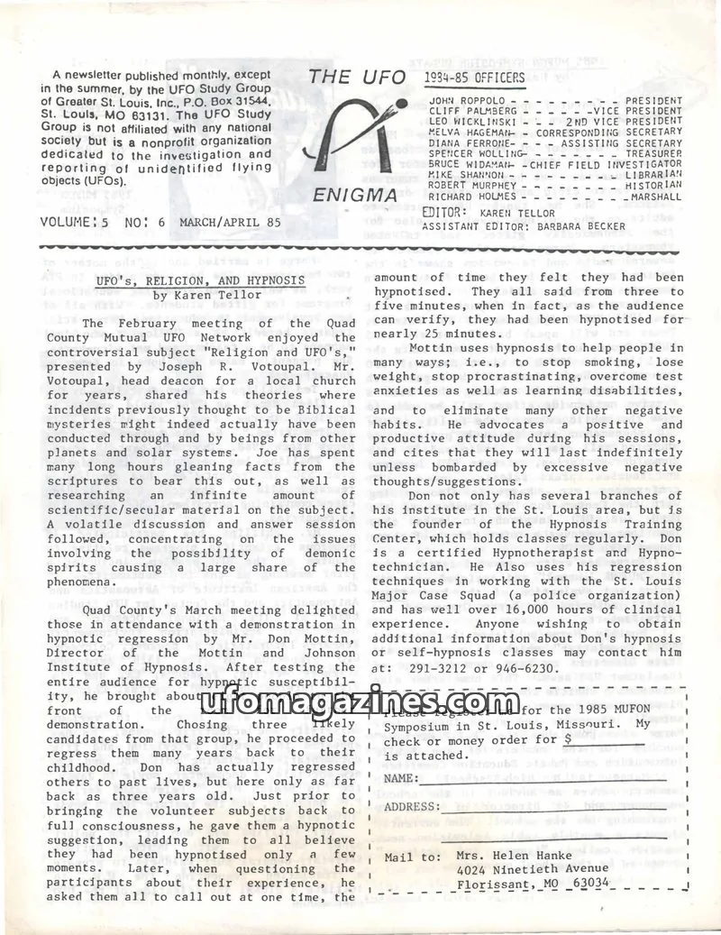 Cover of UFO Study Group of Greater St. Louis, Inc. issue 6: THE UFO ENIGMA
