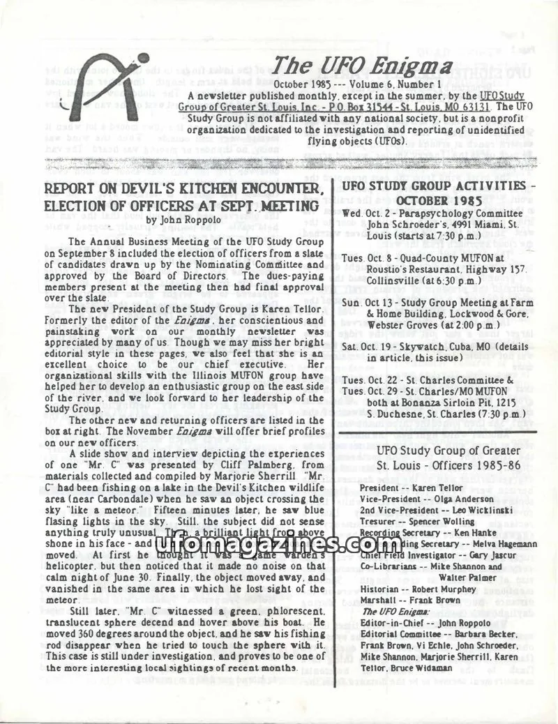 Cover of UFO Study Group of Greater St. Louis, Inc. issue Volume 6, Number 1: The UFO Enigma