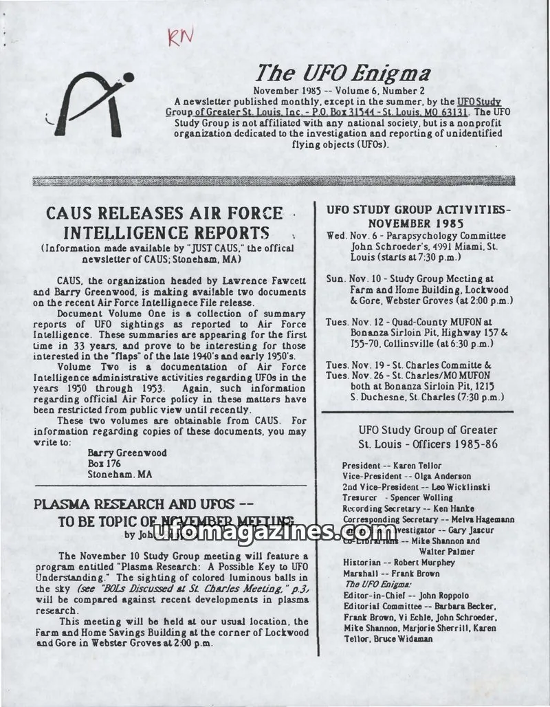 Cover of UFO Study Group of Greater St. Louis, Inc. issue Volume 6, Number 2: The UFO Enigma