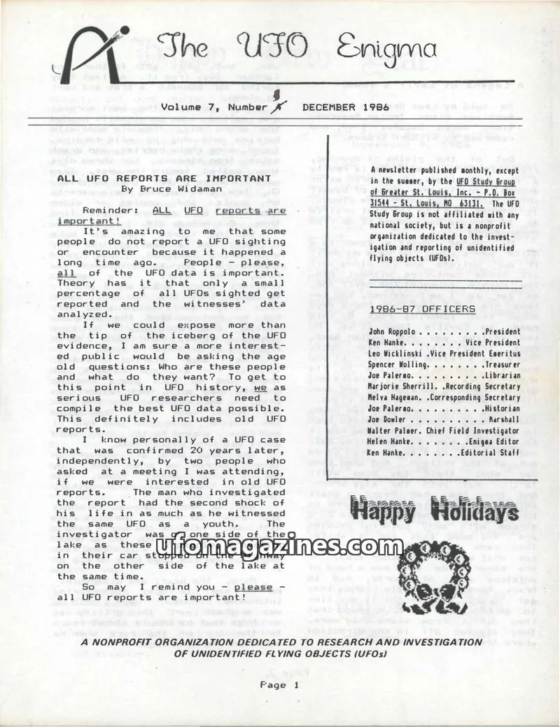 Cover of UFO Study Group of Greater St. Louis, Inc. issue 7: The UFO Enigma