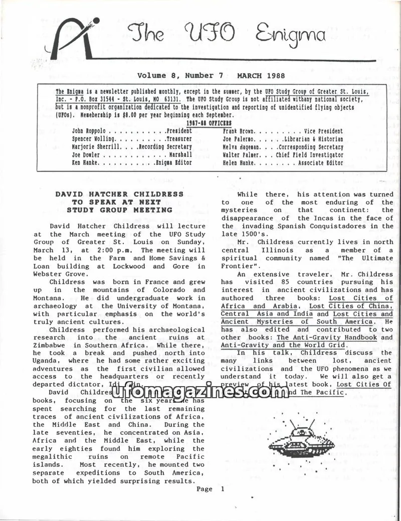 Cover of UFO Study Group of Greater St. Louis, Inc. issue Volume 8, Number 7: The UFO Enigma