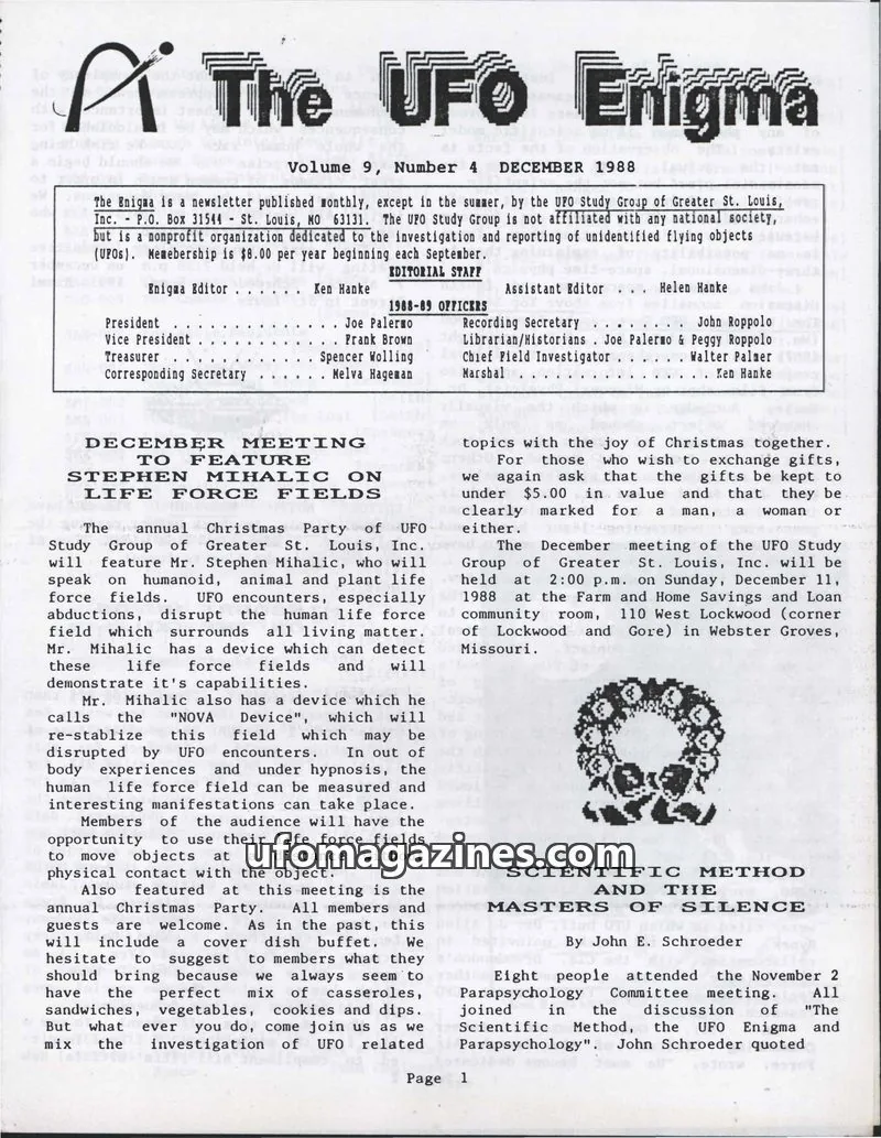 Cover of UFO Study Group of Greater St. Louis, Inc. issue Volume 9, Number 4: The UFO Enigma