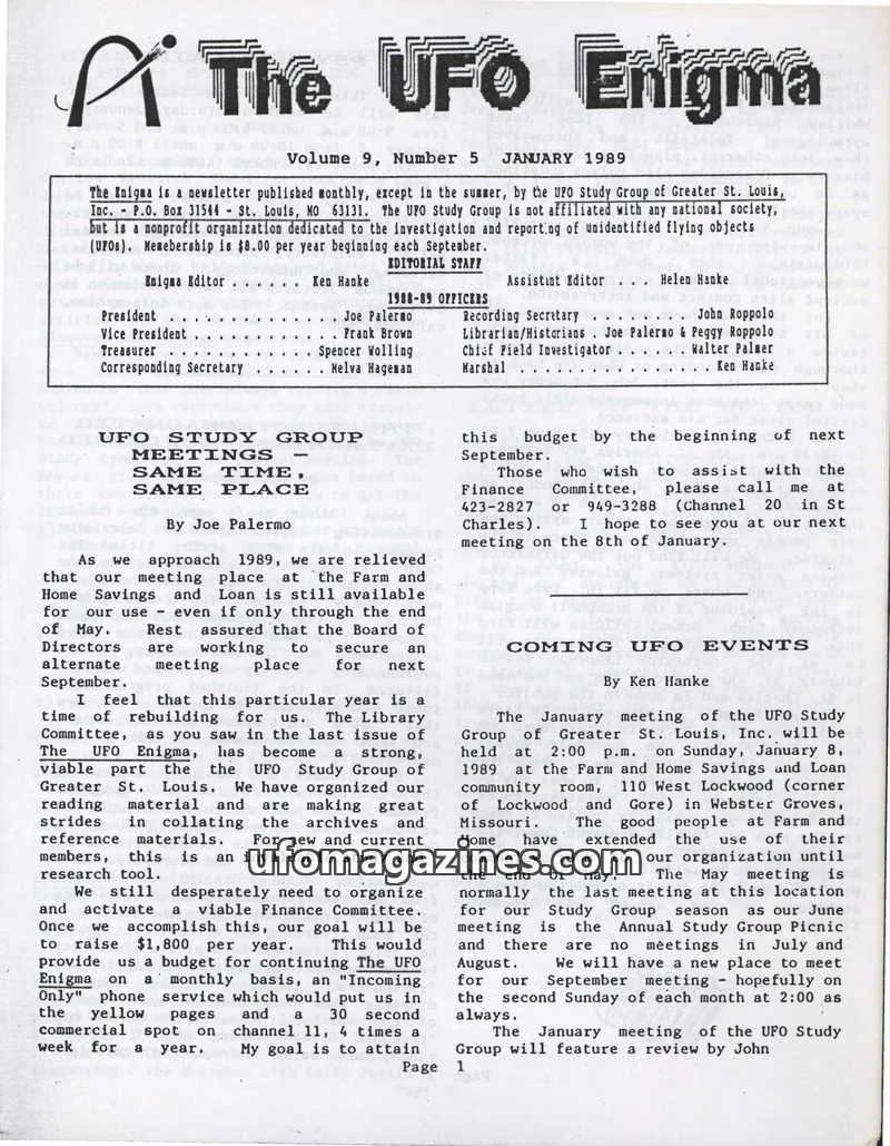 Cover of UFO Study Group of Greater St. Louis, Inc. issue Volume 9, Number 5: The UFO Enigma