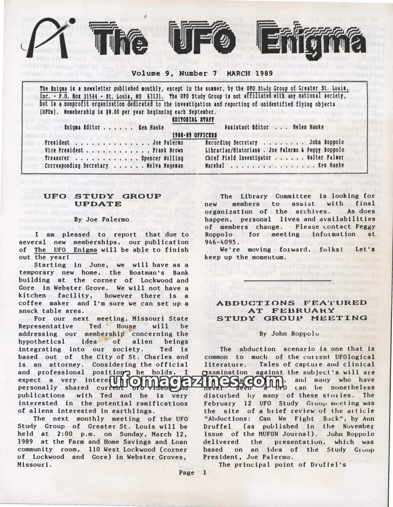 Cover of UFO Study Group of Greater St. Louis, Inc. issue Number 7: The UFO Enigma