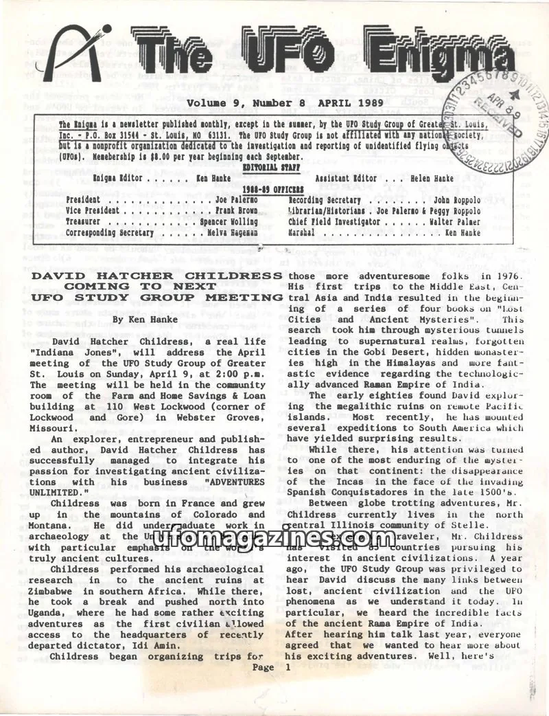 Cover of UFO Study Group of Greater St. Louis, Inc. issue Volume 9, Number 8: The UFO Enigma