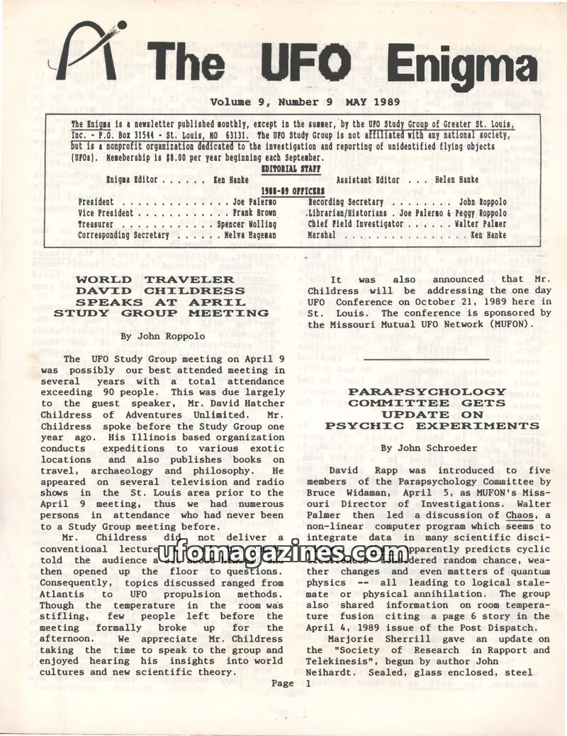 Cover of UFO Study Group of Greater St. Louis, Inc. issue 9: The UFO Enigma