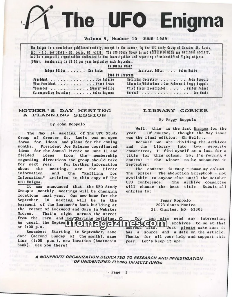 Cover of UFO Study Group of Greater St. Louis, Inc. issue Volume 9, Number 10: The UFO Enigma