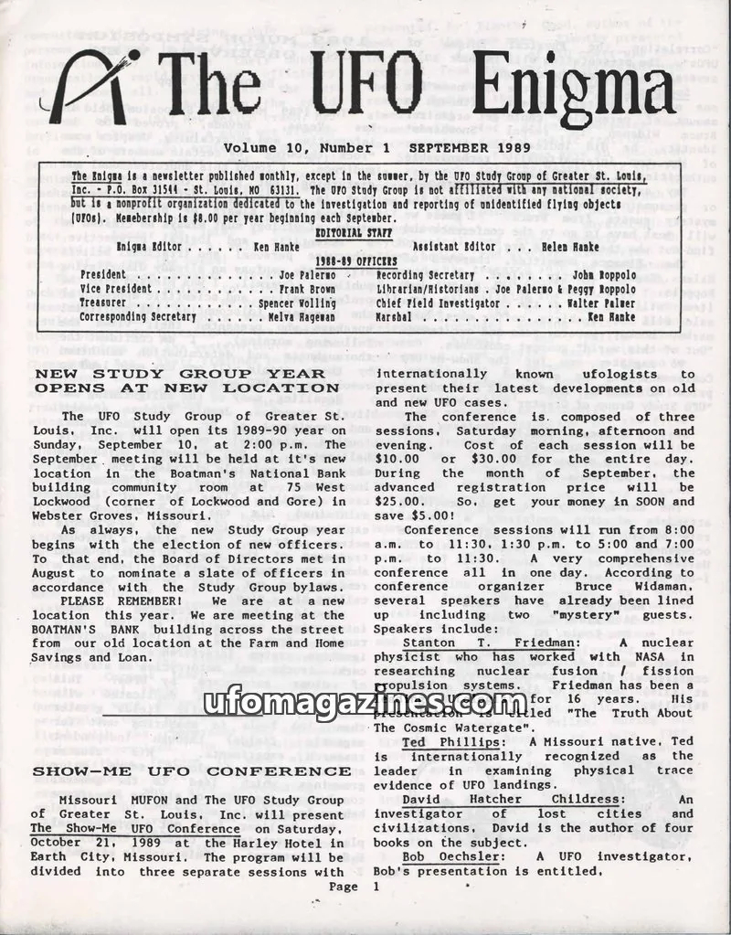 Cover of UFO Study Group of Greater St. Louis, Inc. issue 1: The UFO Enigma