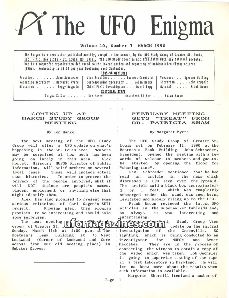 Cover of UFO Study Group of Greater St. Louis, Inc. issue 1: The UFO Enigma