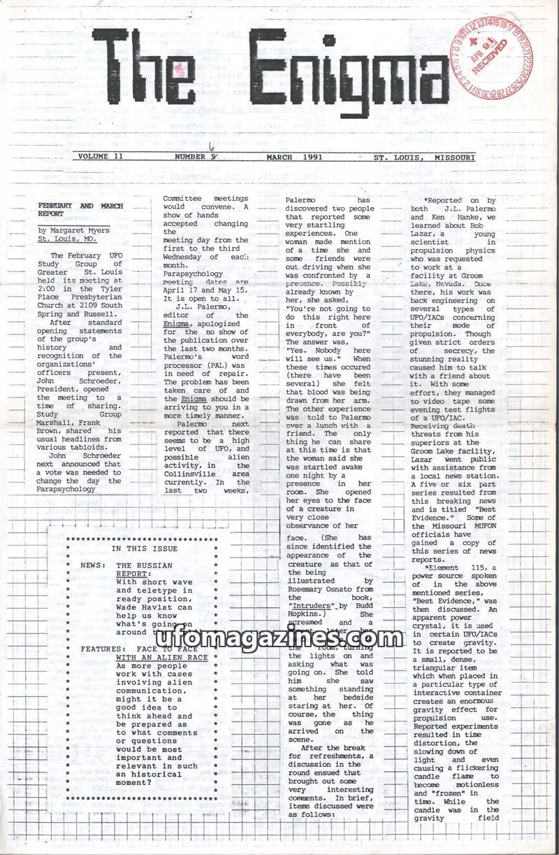 Cover of UFO Study Group of Greater St. Louis issue 57: The Enigma