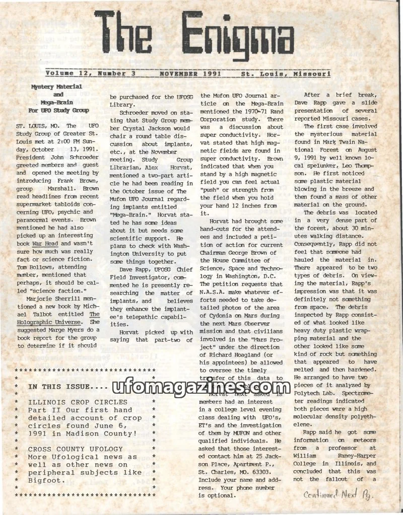 Cover of UFO Study Group of Greater St. Louis issue 3: The Enigma