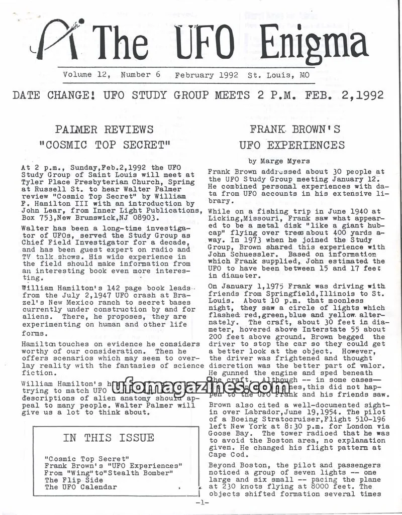 Cover of UFO Study Group of Greater St. Louis issue 6: The UFO Enigma