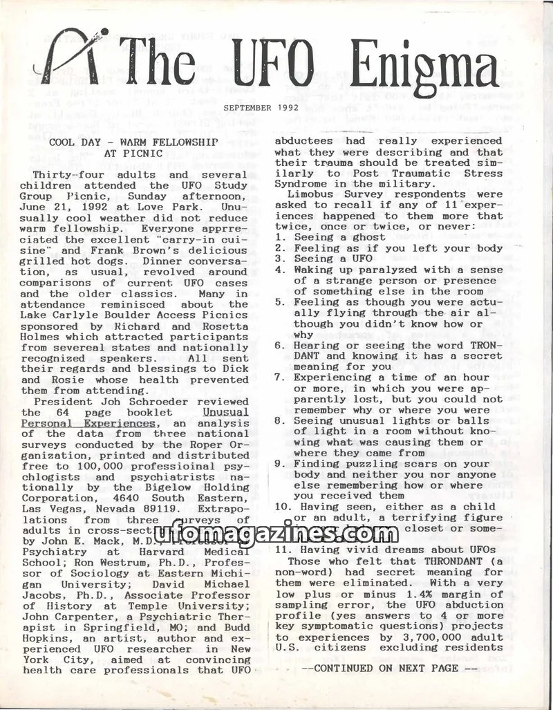 Cover of UFO Study Group of Greater St. Louis, Inc. issue SEPTEMBER 1992: The UFO Enigma