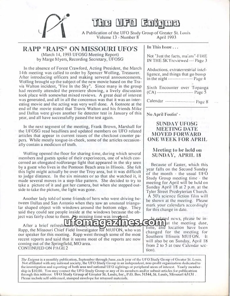 Cover of UFO Study Group of Greater St. Louis issue Volume 13 - Number 8: The UFO Enigma