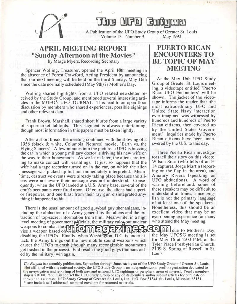 Cover of UFO Study Group of Greater St. Louis issue 9: The UFO Enigma