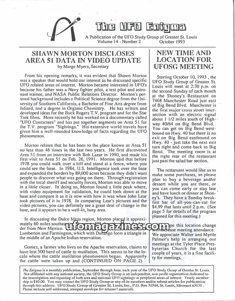 Cover of UFO Study Group of Greater St. Louis issue Volume 14 - Number 2: The UFO Enigma