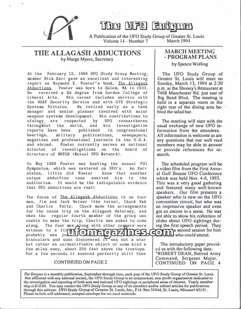 Cover of UFO Study Group of Greater St. Louis issue Number 7: The UFO Enigma
