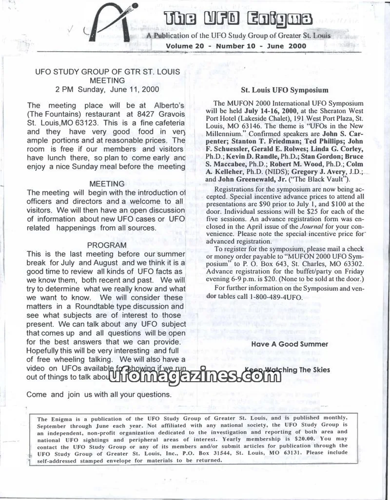Cover of UFO Study Group of Greater St. Louis issue Volume 20 Number 10: The UFO Enigma