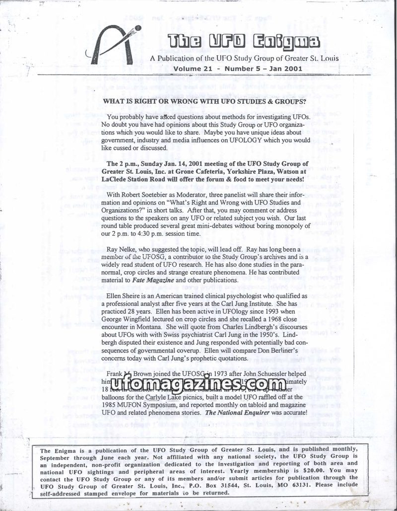 Cover of The UFO Enigma - 2001 01 - Volume 21 no 5