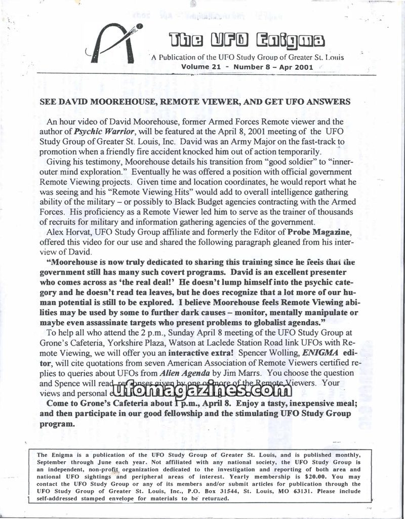 Cover of The UFO Enigma - 2001 04 - Volume 21 no 8