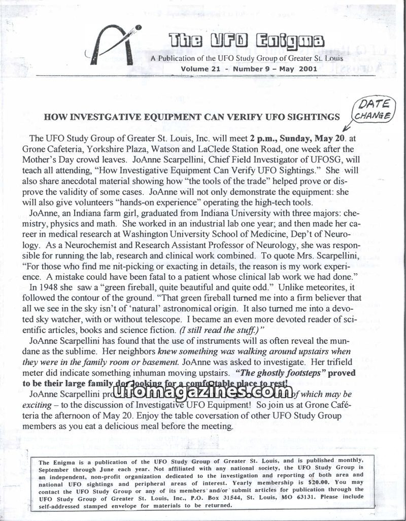 Cover of The UFO Enigma - 2001 05 - Volume 21 no 9