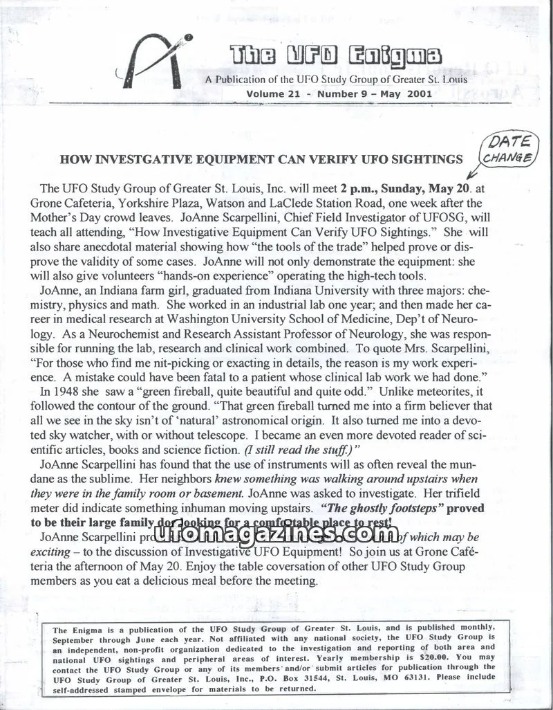 Cover of UFO Study Group of Greater St. Louis, Inc. issue Volume 21 Number 9: The UFO Enigma