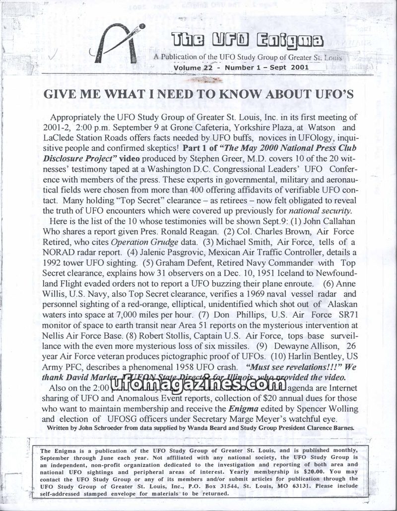 Cover of The UFO Enigma - 2001 09 - Volume 22 no 1