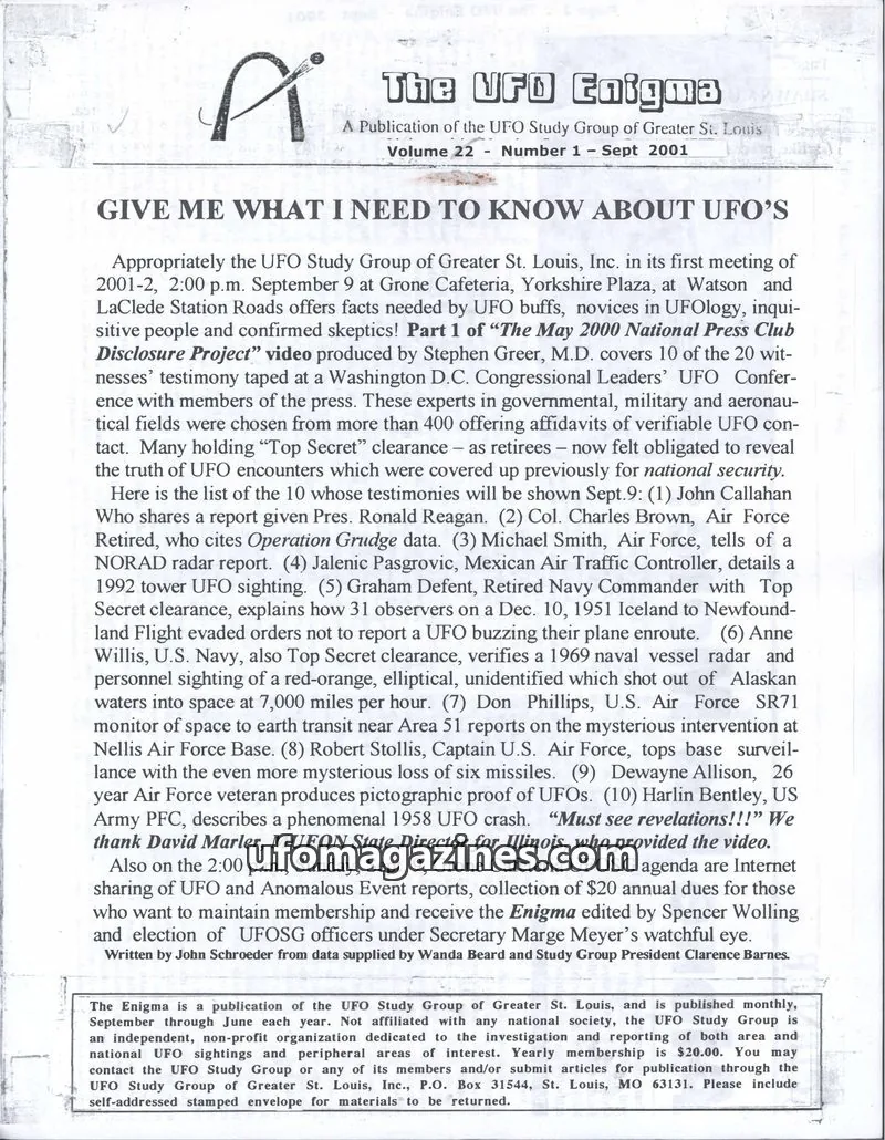 Cover of UFO Study Group of Greater St. Louis, Inc. issue 1: The UFO Enigma
