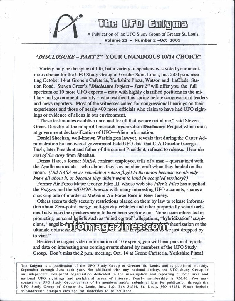 Cover of The UFO Enigma - 2001 10 - Volume 22 no 2