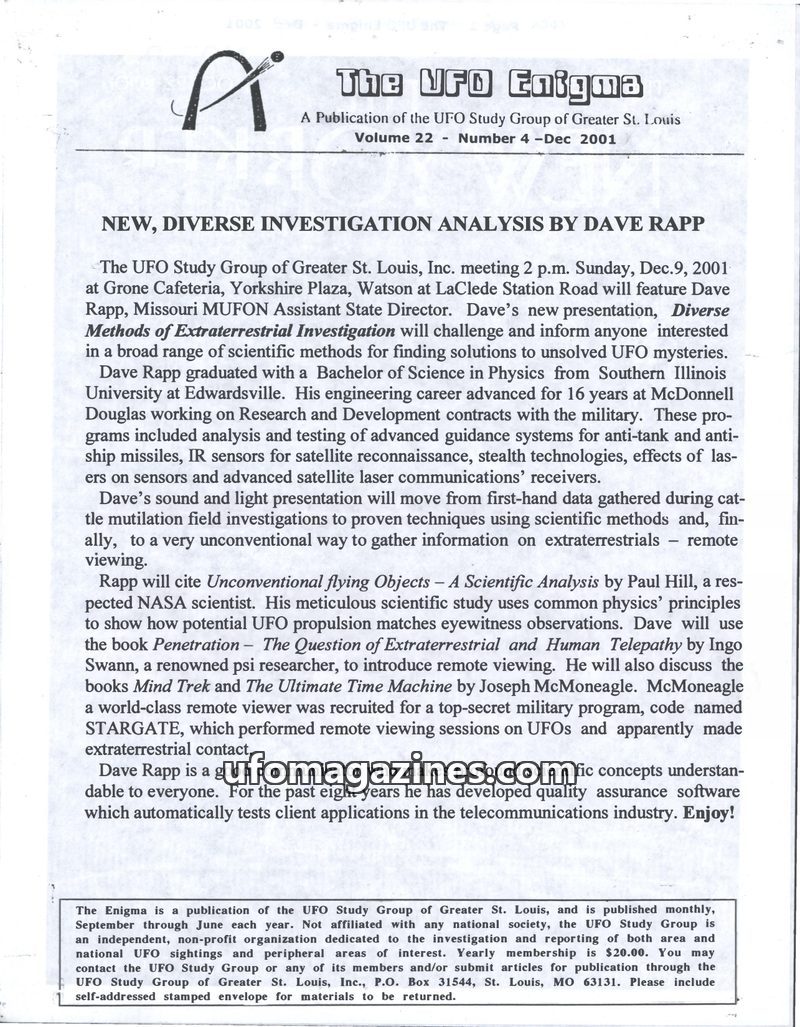 Cover of The UFO Enigma - 2001 12 - Volume 22 no 4