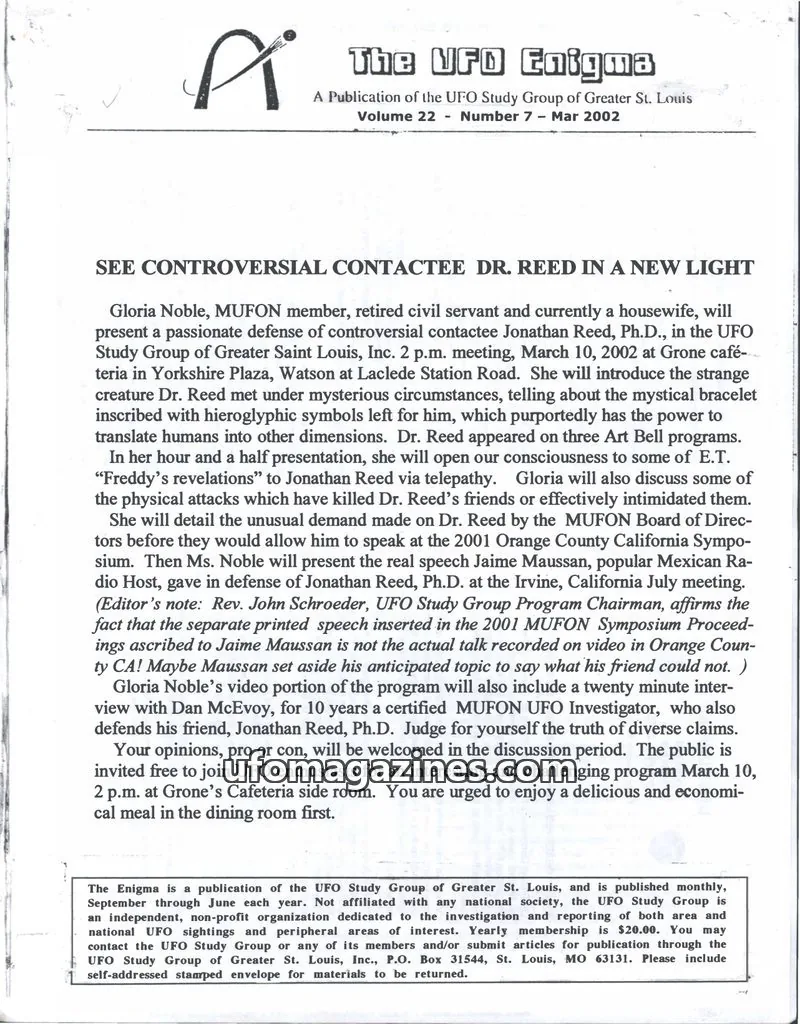 Cover of UFO Study Group of Greater St. Louis issue Volume 22 - Number 7: The UFO Enigma