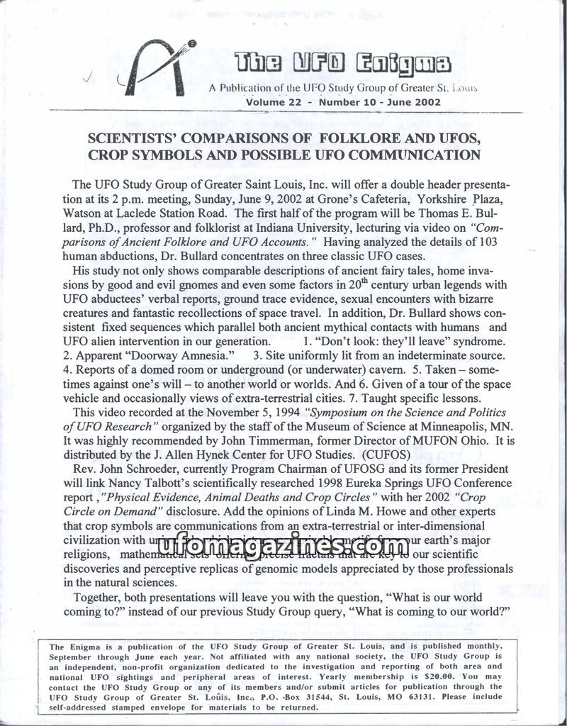 Cover of The UFO Enigma - 2002 06 - Volume 22 no 10