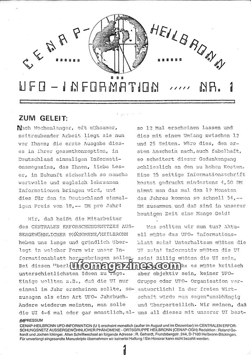 Cover of UFO Information (CENAP Heilbronn) issue 1: HEILBRONNER UFO INFORMATION