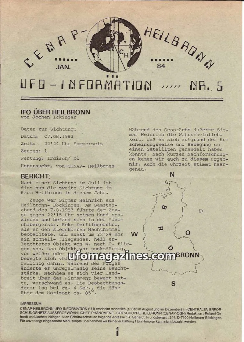 Cover of UFO Information (CENAP Heilbronn) issue 5: HEILBRONNER UFO INFORMATION