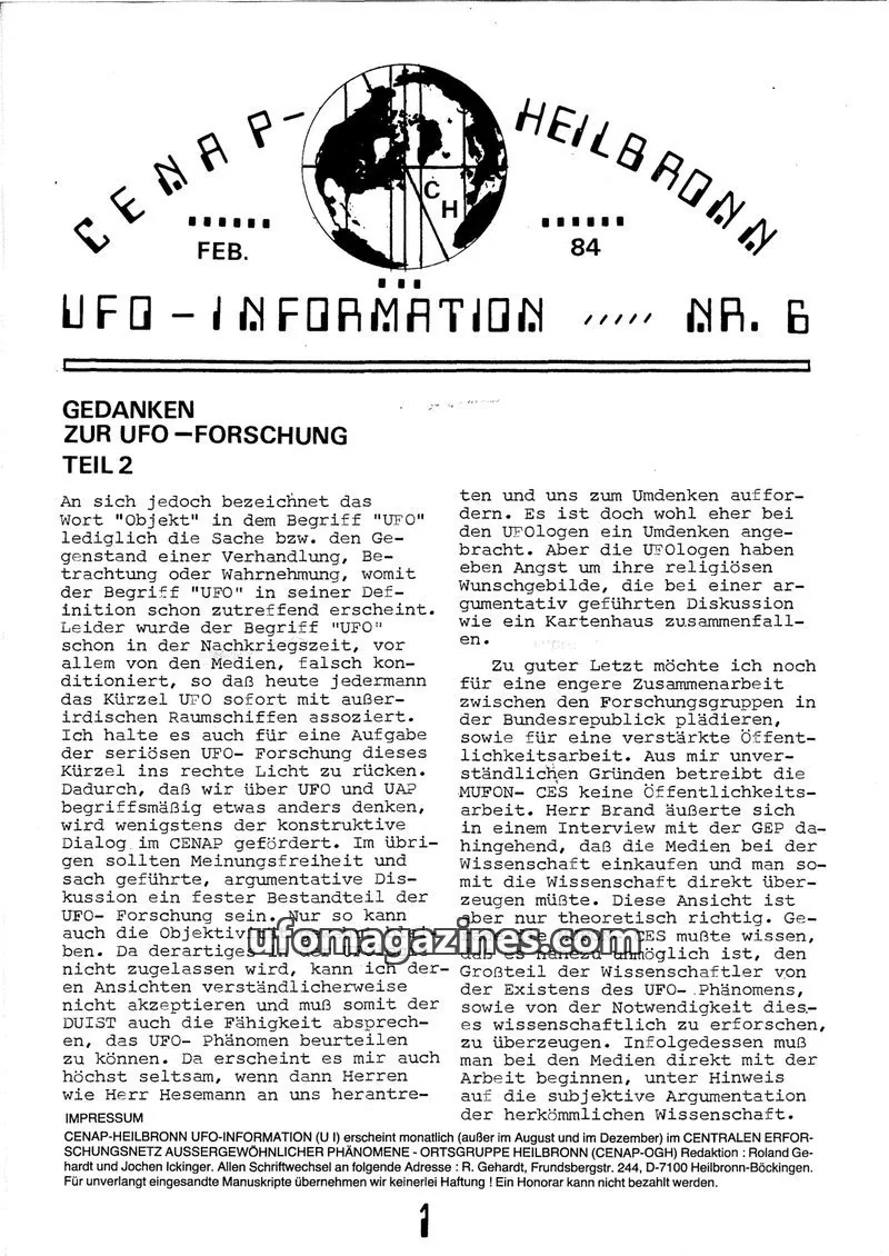 Cover of UFO Information (CENAP Heilbronn) issue 6: UFO - INFORMATION