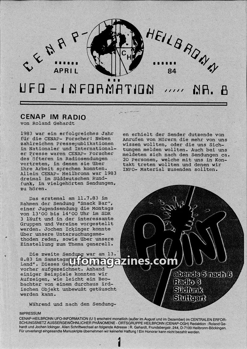 Cover of UFO Information (CENAP Heilbronn) issue NR. 8: HEILBRONNER UFO INFORMATION