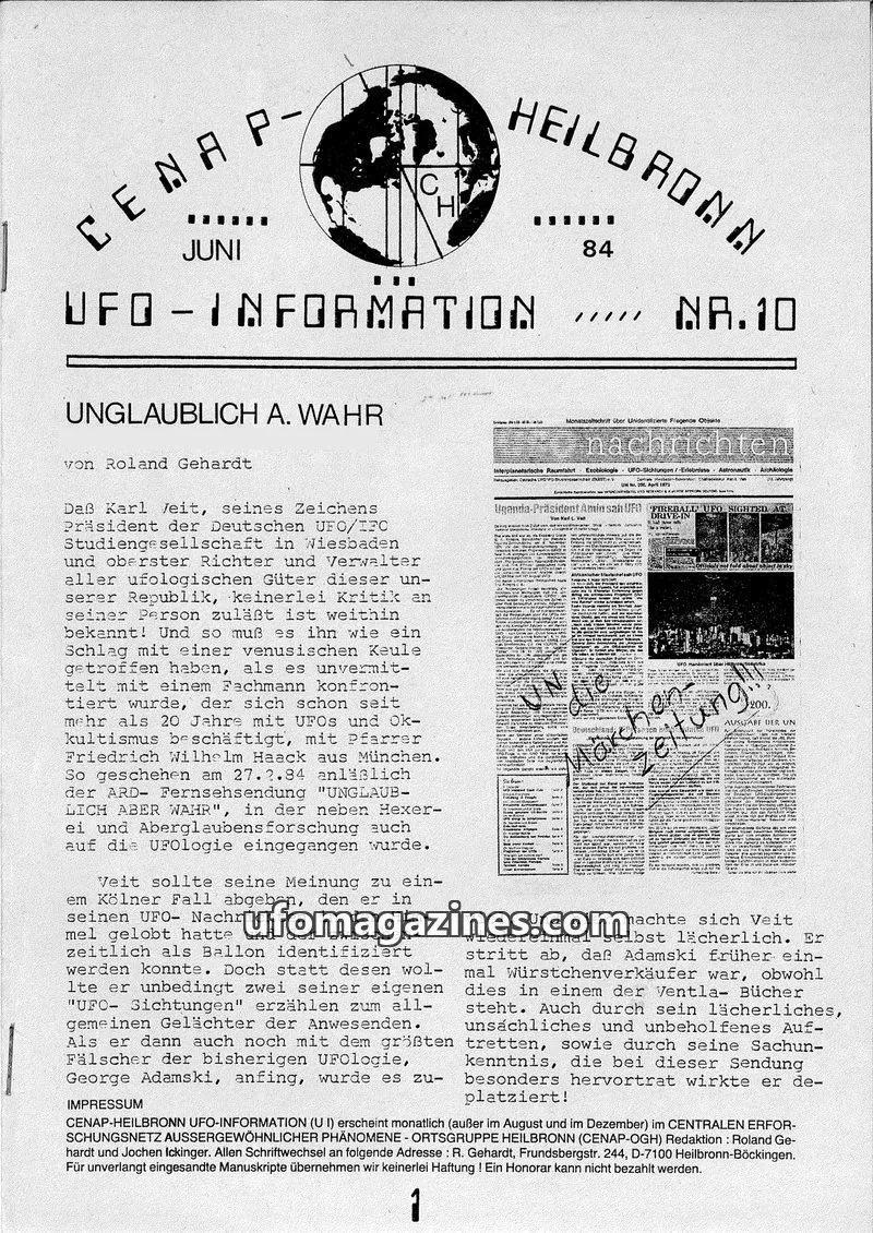 Cover of UFO Information (CENAP Heilbronn) issue 10: HEILBRONNER UFO INFORMATION